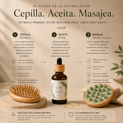 Aceite para el crecimiento del cabello + Masajeador de cuero cabelludo + Cepillo para cuero cabelludo