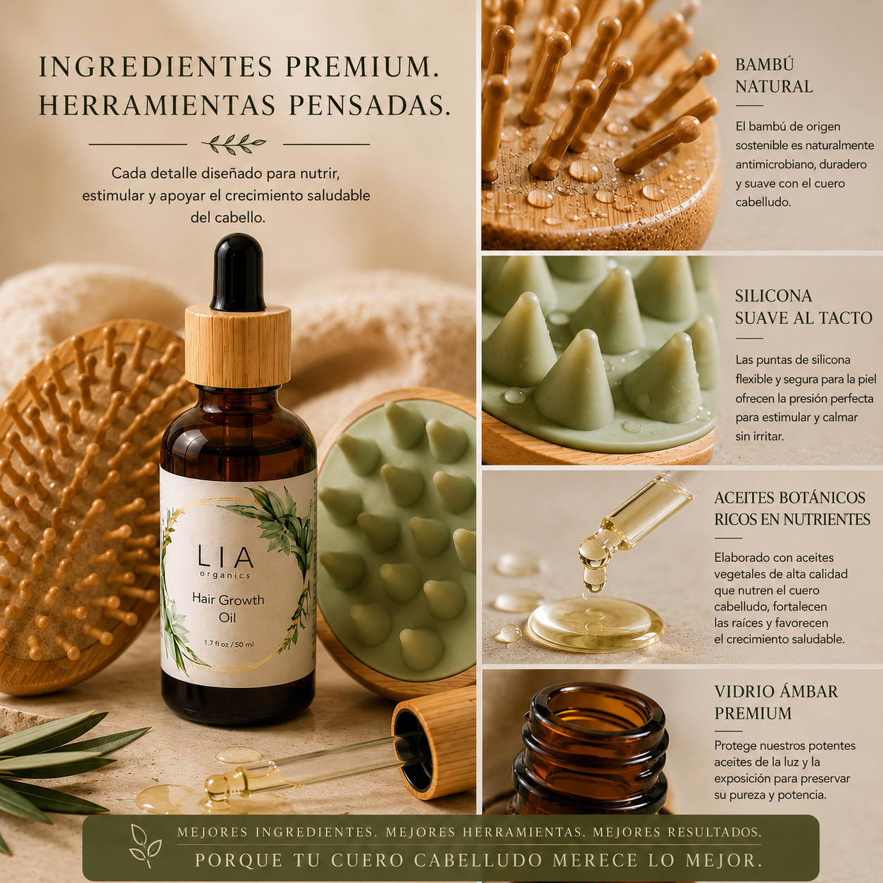 Aceite para el crecimiento del cabello + Masajeador de cuero cabelludo + Cepillo para cuero cabelludo